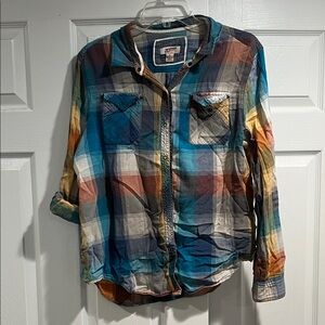Arizona Jean Company Teal and White Plaid Shirt
